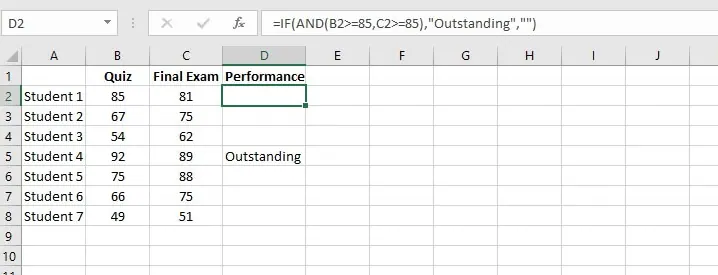 Verwendung einer Kombination aus IF- und AND-Funktionen in Excel zur Identifizierung herausragender Schüler. 4