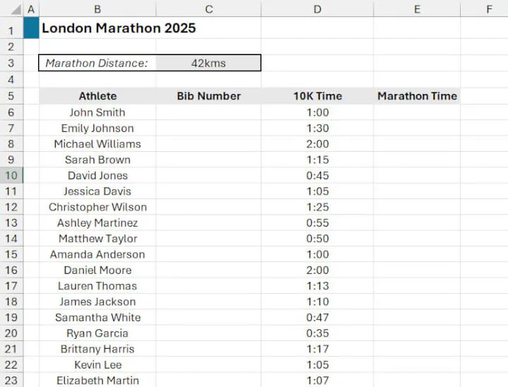 Berechnung der Marathonzeit in Excel