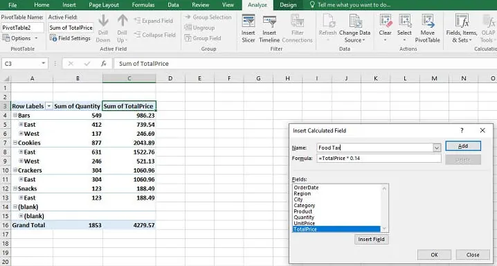 Das Dialogfeld "Berechnetes Feld einfügen" in Excel.