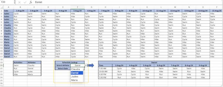 Ein Excel-Blatt mit Dropdown-Menüs für 'Athlet' und 'Datum'. Darunter wird basierend auf den Auswahlen ein 7-Tage-Zeitplan dynamisch ausgefüllt. 2