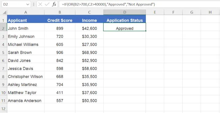 Eine Excel-Tabelle, die eine verschachtelte IF/OR-Formel zur Bestimmung des Kreditgenehmigungsstatus zeigt. 1