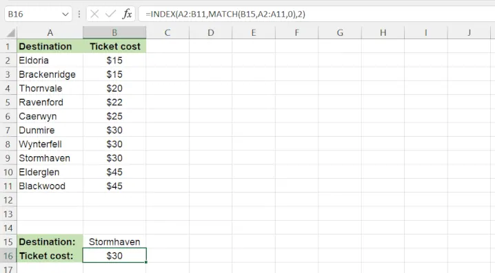 Eine Excel-Tabelle, die eine verschachtelte INDEX/MATCH-Formel zur Suche eines Busticketpreises zeigt. 2