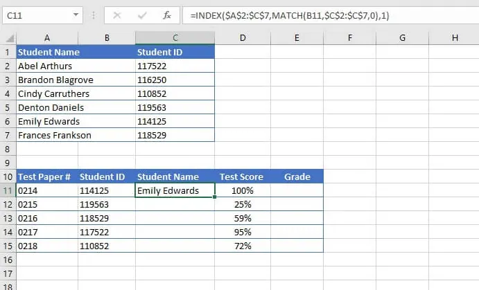 Ein Beispiel einer komplexen INDEX VERGLEICH Formel in einem Excel-Blatt.