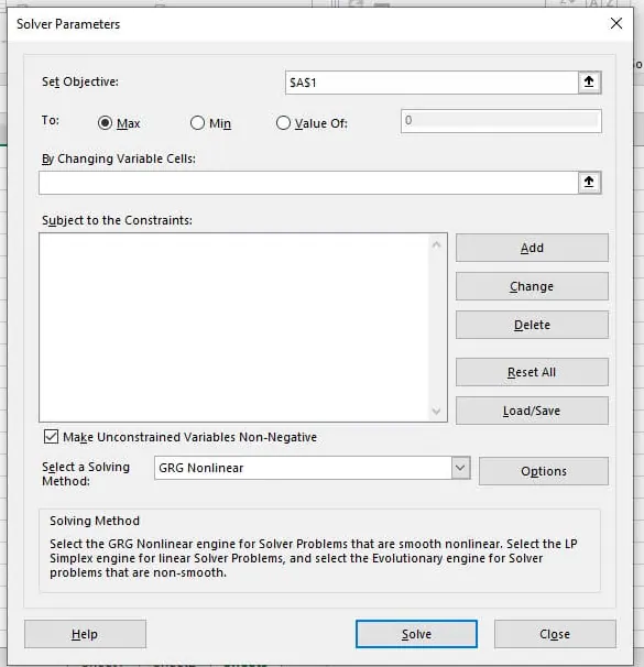 Excel Solver-Parameter-Dialogfeld