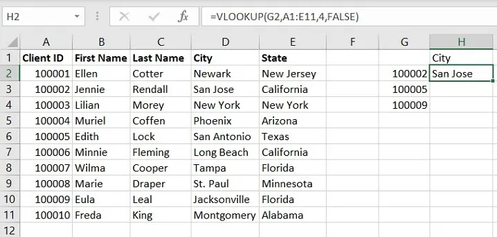 Die VLOOKUP-Formel, geschrieben in der Bearbeitungsleiste, um die Stadt zu finden.