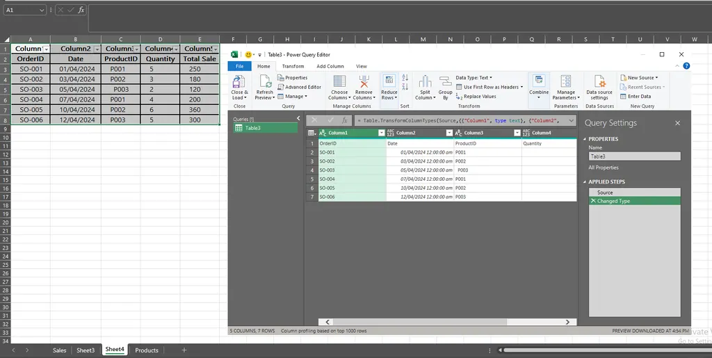显示清理和合并数据步骤的 Power Query 编辑器