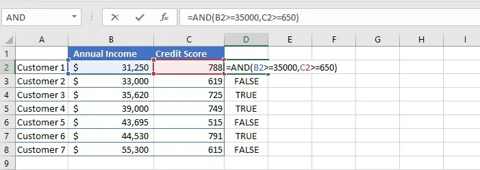 Eine Tabelle mit Kundendaten und einer 'UND'-Formel, die Einkommen und Kreditwürdigkeit prüft, was zu WAHR/FALSCH-Werten führt.