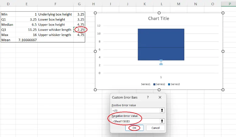 Wie man die Länge des unteren Whiskers angibt, wenn man den unteren Whisker eines Boxplots von Grund auf in Excel erstellt. Bild vom Autor. 7
