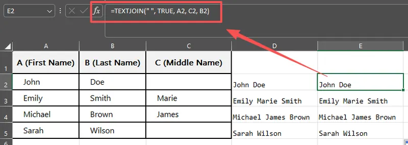 TEXTJOIN 函数合并姓名并忽略空单元格。2 TEXTJOIN 函数合并姓名并忽略空单元格。2