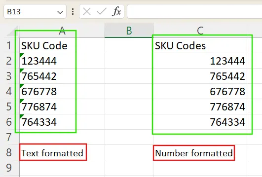 Als Text formatierte Zahlen sind in Excel linksbündig. 1