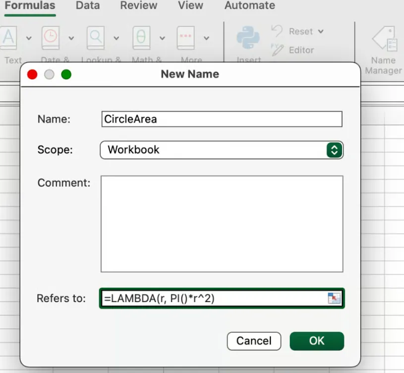 Excel LAMBDA-Funktion für einen Kreis 2