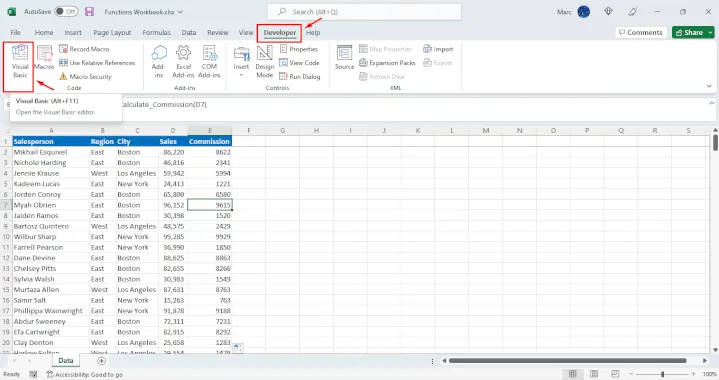 Open the Visual Basic Editor from the Developer tab