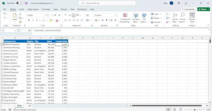 Using the new custom function in an Excel worksheet
