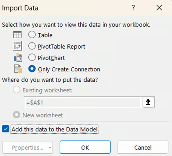 Import Data window with Excel data models 3