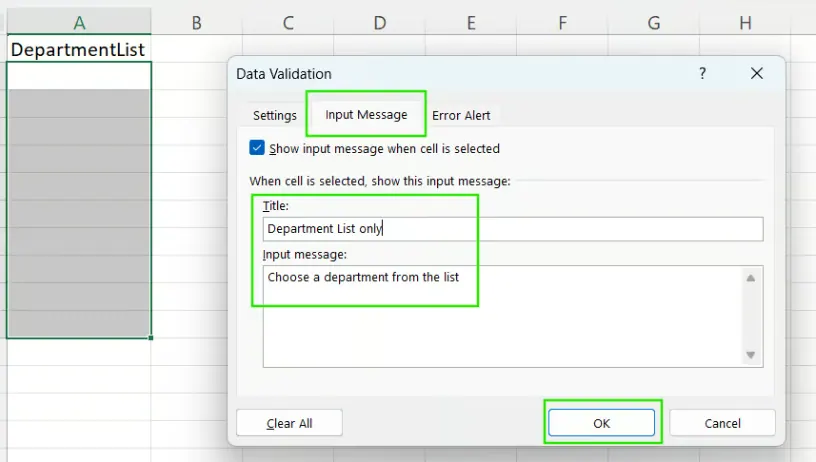 Erstellen von Eingabenachrichten für Dropdown-Listen in Excel. 19