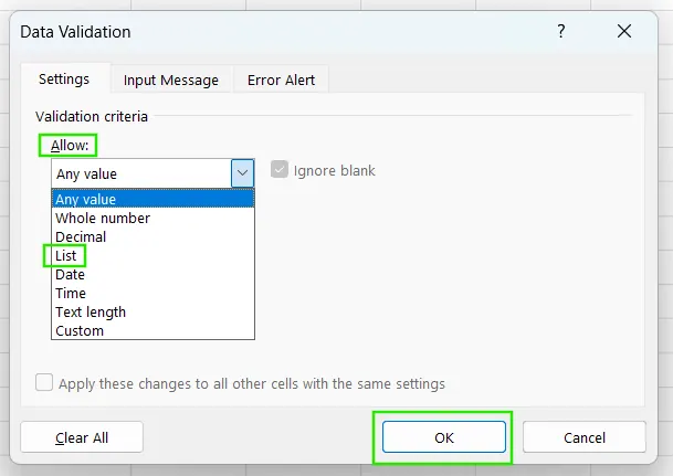 Datenvalidierung Dropdown-Liste in Excel 3