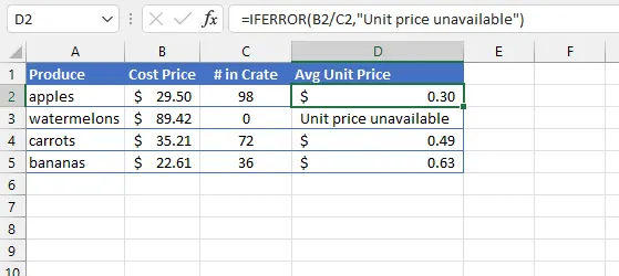 Beispiel für die Verwendung der IFERROR-Funktion in Excel zur Behandlung von Division-durch-Null-Fehlern.