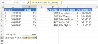 VLOOKUP 使用 ID 查找员工姓名的示例。 VLOOKUP 使用 ID 查找员工姓名的示例。