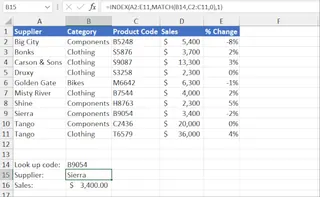 使用 INDEX/MATCH 查找产品代码的示例。 使用 INDEX/MATCH 查找产品代码的示例。