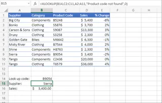 使用 XLOOKUP 查找产品代码并带有自定义“未找到”消息的示例。 使用 XLOOKUP 查找产品代码并带有自定义“未找到”消息的示例。
