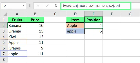 Kombinieren von EXACT() und MATCH() in Excel. 10