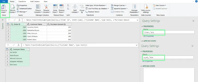 Die Tabellen in Power Query laden, um Fuzzy Match in Excel durchzuführen. 4