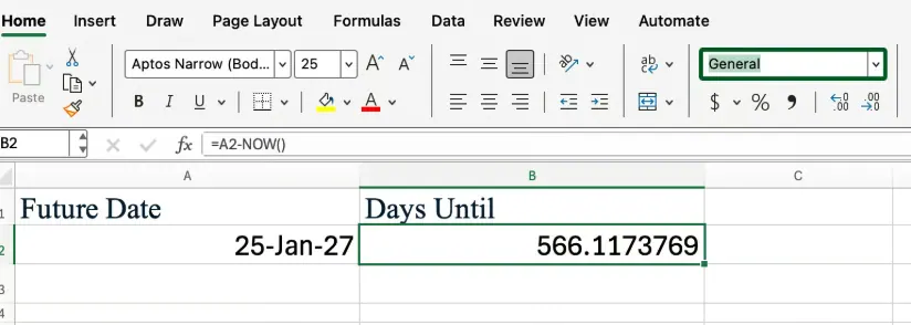 Excel NOW()-Funktion zur Berechnung der Tage zwischen einem Datum 1