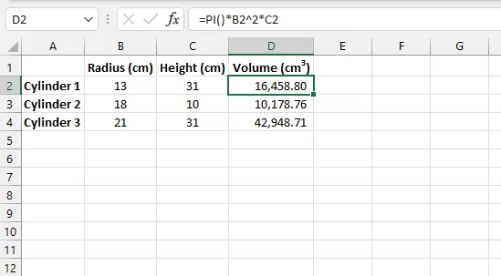 Berechnung des Zylindervolumens mit der PI()-Funktion in Excel.