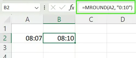 Verwendung der MROUND()-Funktion zum Runden von Zeit auf die nächste Minute in Excel. 5