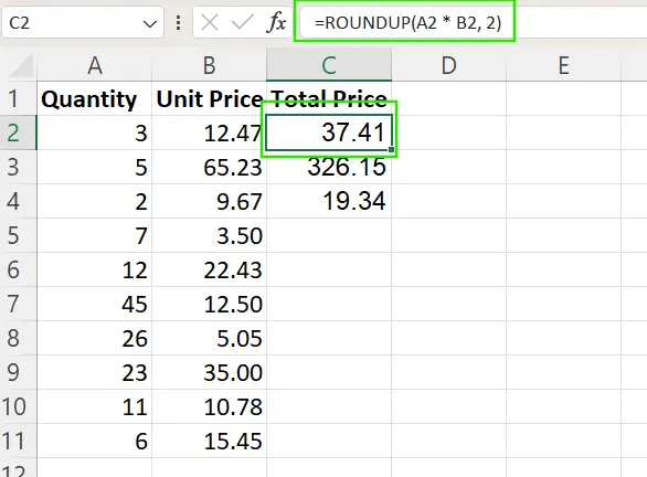 ROUNDUP in Excel nach Multiplikation zweier Spalten 4