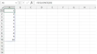 A simple vertical list of numbers from 1 to 10 generated by the SEQUENCE function in Excel. A simple vertical list of numbers from 1 to 10 generated by the SEQUENCE function in Excel.