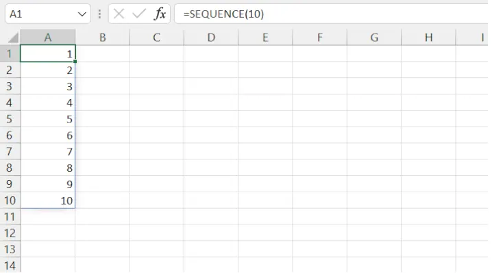 Eine einfache vertikale Liste von Zahlen von 1 bis 10, die mit der SEQUENCE-Funktion in Excel generiert wurde.