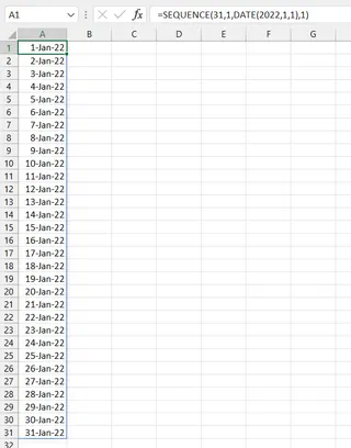 A column of dates for an entire month generated using the SEQUENCE and DATE functions in Excel. A column of dates for an entire month generated using the SEQUENCE and DATE functions in Excel.