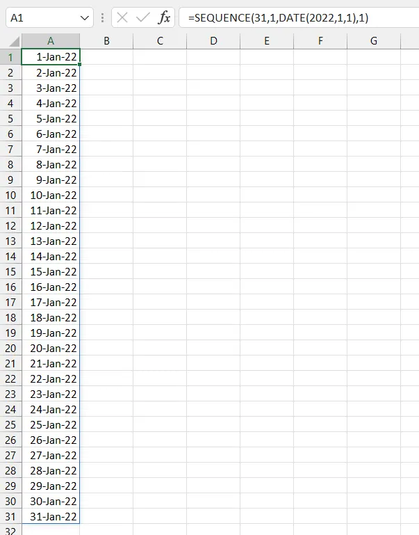 Eine Spalte mit Daten für einen ganzen Monat, die mit den Funktionen SEQUENCE und DATE in Excel generiert wurde.