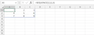 A 3x3 grid of sequential numbers created with the SEQUENCE function. A 3x3 grid of sequential numbers created with the SEQUENCE function.