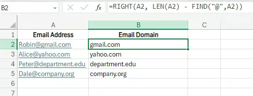 Domainnamen mit RIGHT, LEN und FIND extrahieren. 11