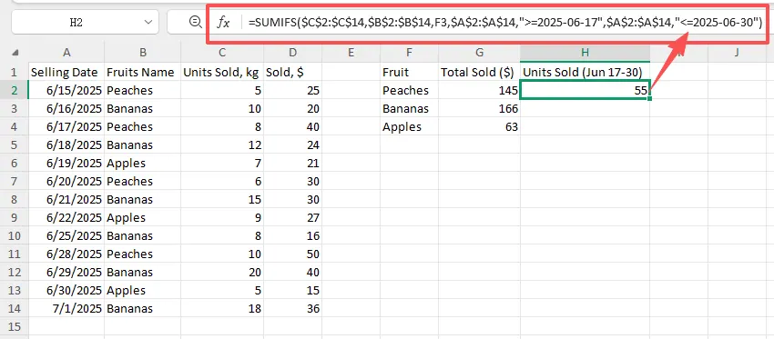 Beispiel für SUMIFS-Formel in Excel