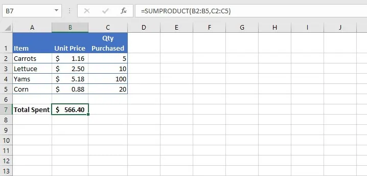 Beispiel einer einfachen SUMPRODUCT-Berechnung für den Gesamtumsatz