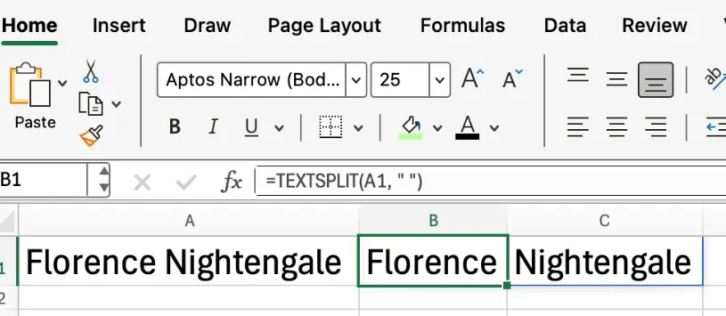 Excel TEXTSPLIT() Grundlegendes Beispiel 1