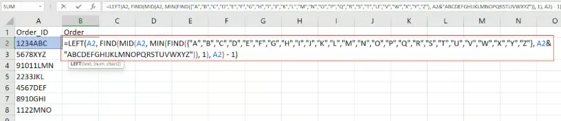 Zahlen vom Anfang einer Zeichenkette in Excel extrahieren. 1