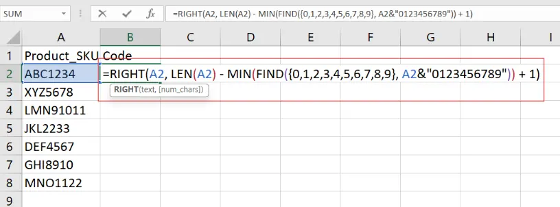 Zahlen vom Ende einer Zeichenkette in Excel extrahieren. 2