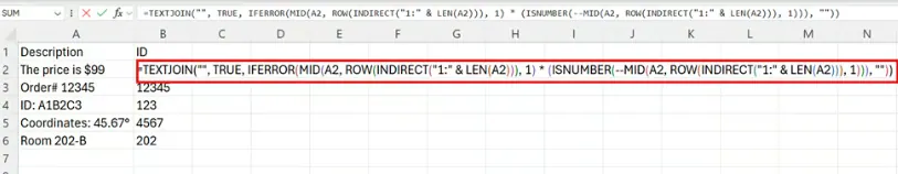 Zahlen von beliebiger Position in Excel mit TEXTJOIN(), MID() und ROW() extrahieren. 5