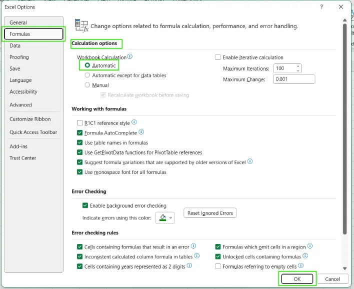Wie man automatische Berechnungsoptionen in Excel aktiviert. 10