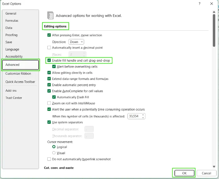 Wie man das Ausfüllkästchen in Excel aktiviert. 9