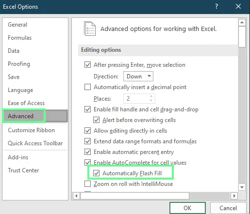 Automatisches Flash Fill in Excel aktivieren oder deaktivieren 1