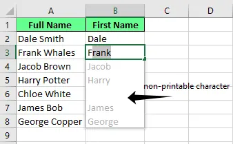 Flash Fill lässt die Zelle aufgrund eines nicht druckbaren Zeichens in Excel leer. 13