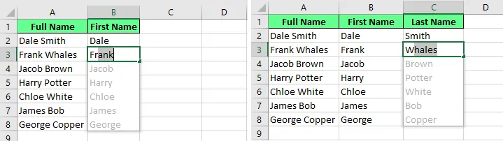 Extrahieren des Nach- und Vornamens aus dem vollständigen Namen mit Flash Fill in Excel. 5