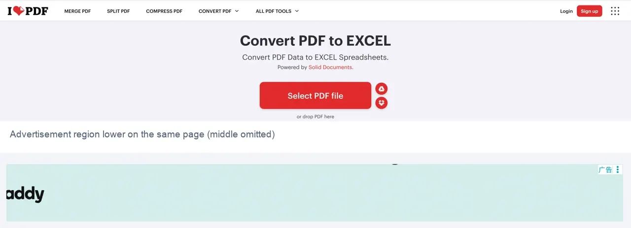 iLovePDF 转换界面及同一页面下方的广告区域