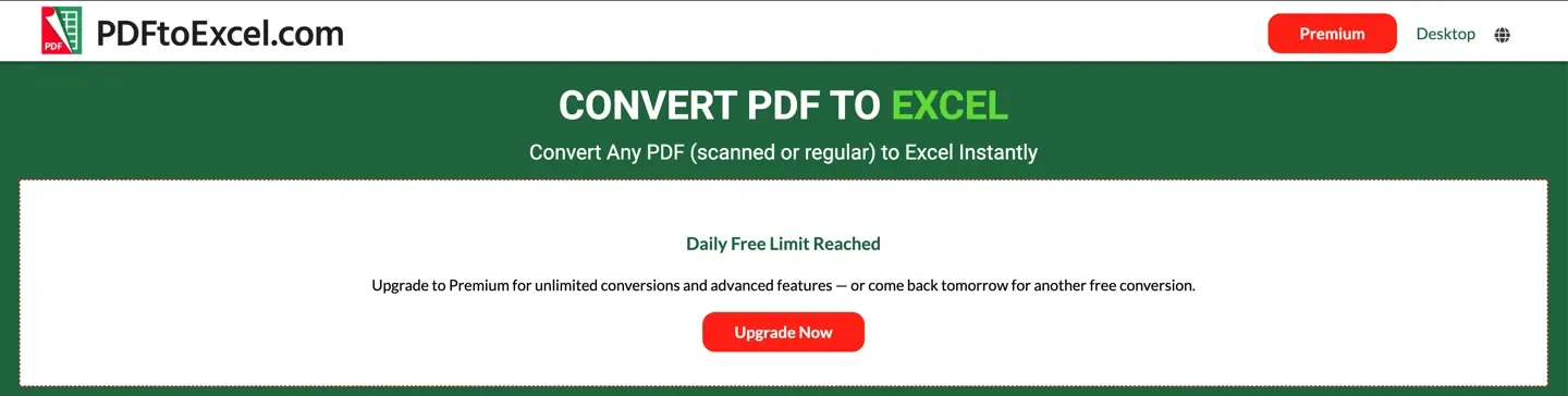PDFtoExcel.com 每日免费限额提示，提供升级或明日再免费转换一次