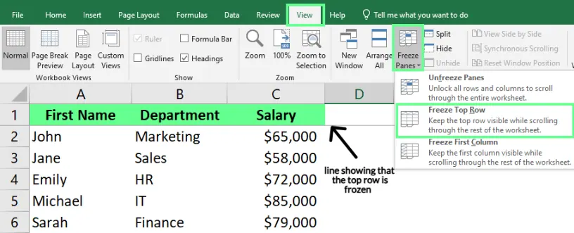 Oberste Zeile in einer Excel-Tabelle fixieren 1